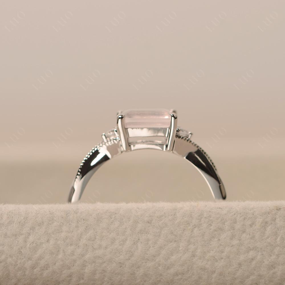 Horizontal Emerald Cut Rose Quartz Engagement Ring - LUO Jewelry