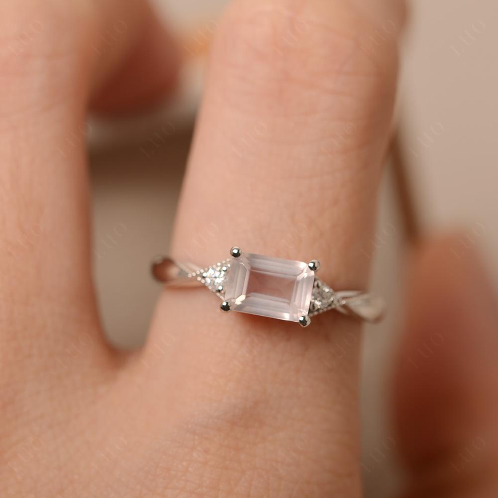 Horizontal Emerald Cut Rose Quartz Engagement Ring - LUO Jewelry