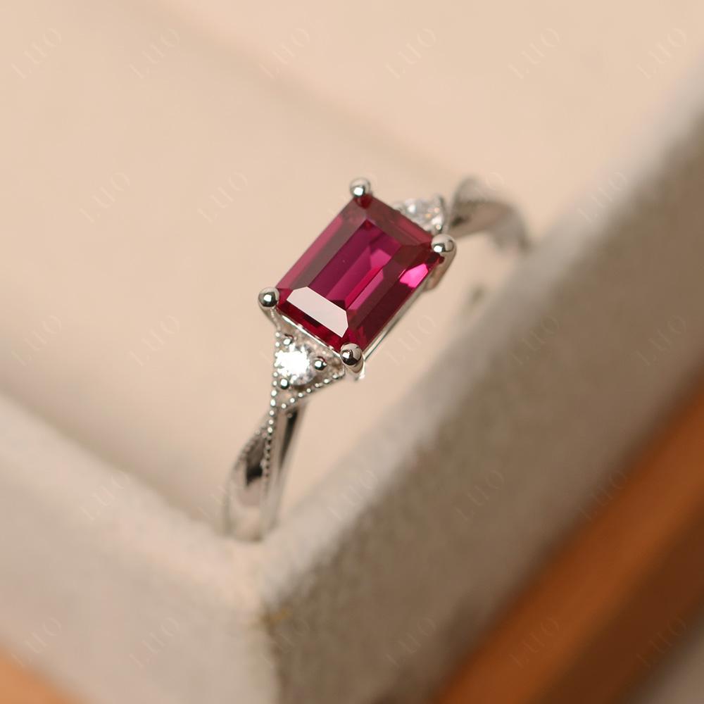 Horizontal Emerald Cut Ruby Engagement Ring - LUO Jewelry
