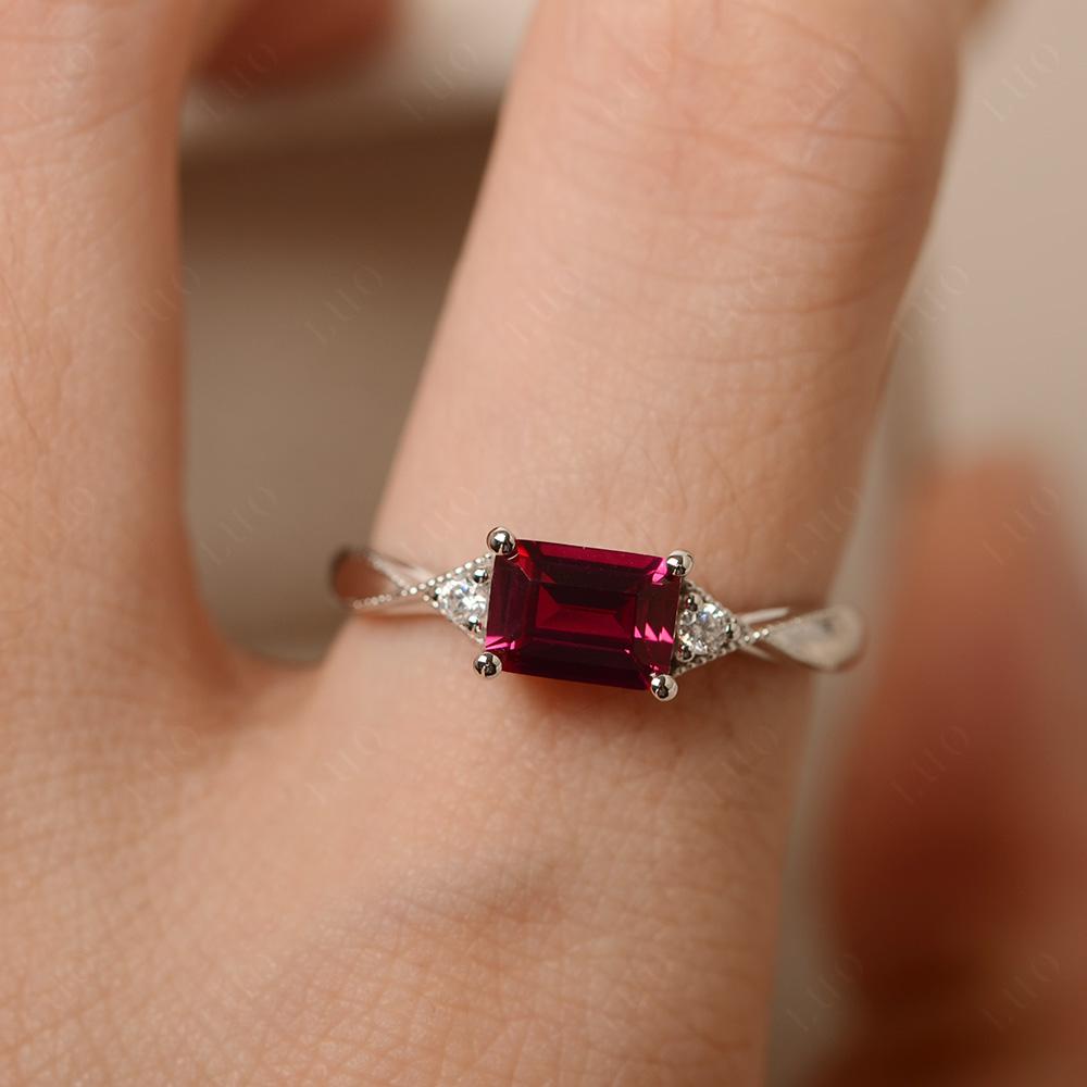 Horizontal Emerald Cut Ruby Engagement Ring - LUO Jewelry