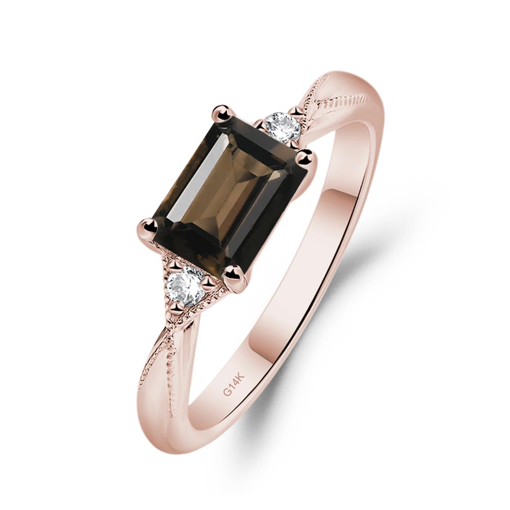 Horizontal Emerald Cut Smoky Quartz Engagement Ring - LUO Jewelry #metal_14k rose gold