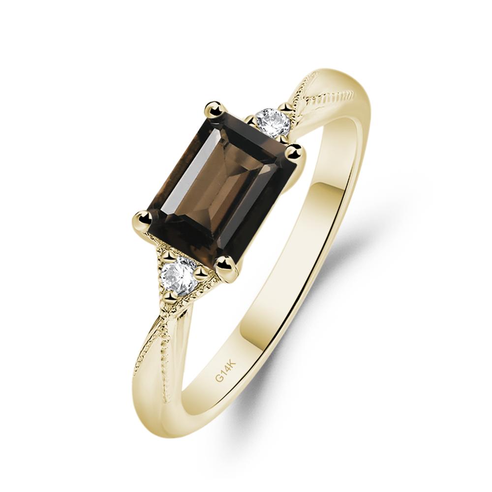 Horizontal Emerald Cut Smoky Quartz Engagement Ring - LUO Jewelry #metal_14k yellow gold