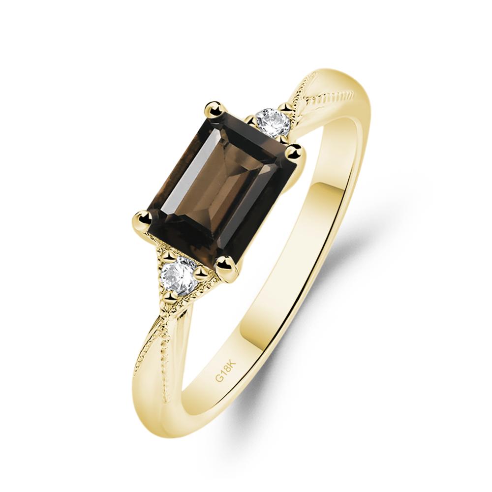 Horizontal Emerald Cut Smoky Quartz Engagement Ring - LUO Jewelry #metal_18k yellow gold