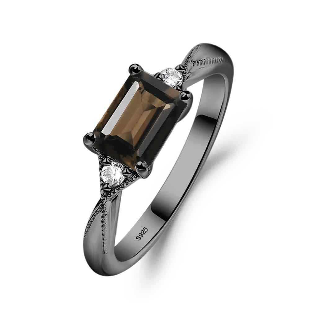 Horizontal Emerald Cut Smoky Quartz Engagement Ring - LUO Jewelry #metal_black finish sterling silver
