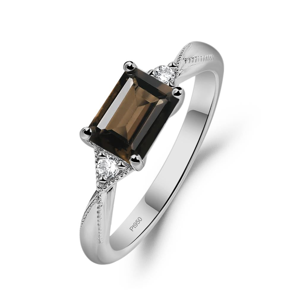 Horizontal Emerald Cut Smoky Quartz Engagement Ring - LUO Jewelry #metal_platinum