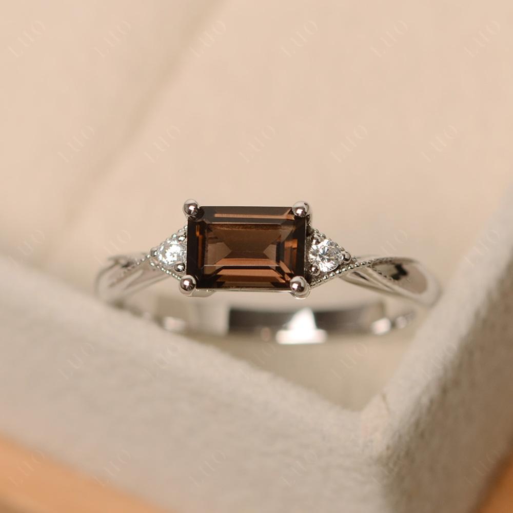 Horizontal Emerald Cut Smoky Quartz Engagement Ring - LUO Jewelry