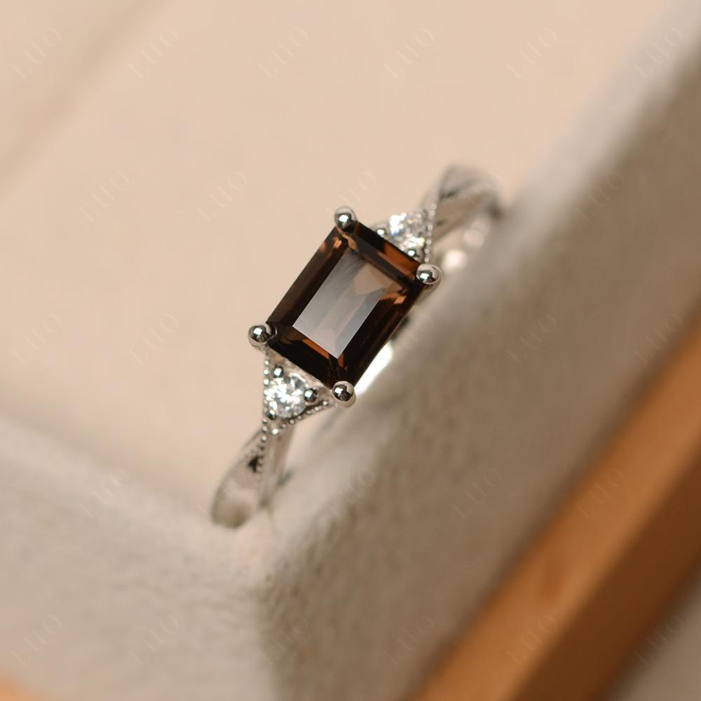 Horizontal Emerald Cut Smoky Quartz Engagement Ring - LUO Jewelry