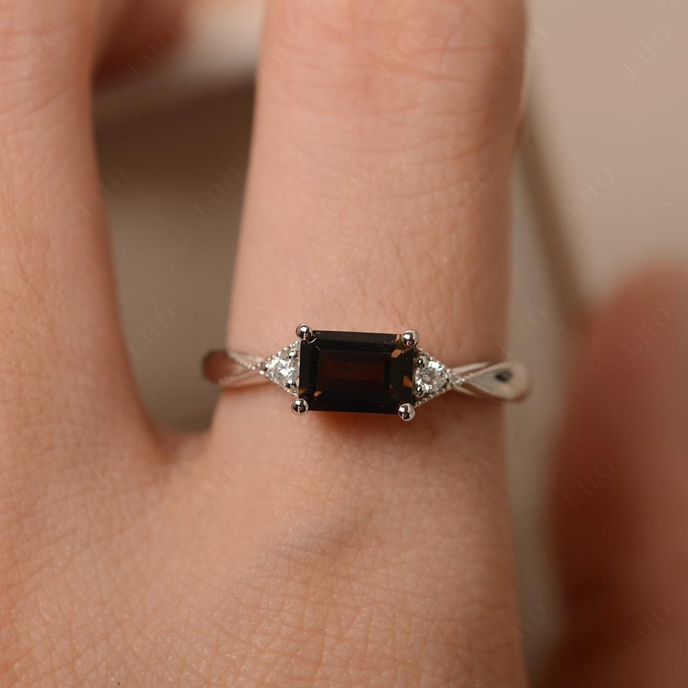 Horizontal Emerald Cut Smoky Quartz Engagement Ring - LUO Jewelry