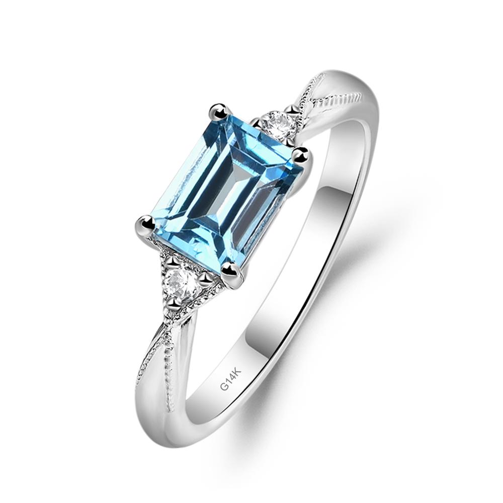 Horizontal Emerald Cut Swiss Blue Topaz Engagement Ring - LUO Jewelry #metal_14k white gold