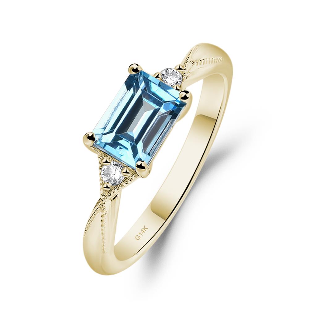 Horizontal Emerald Cut Swiss Blue Topaz Engagement Ring - LUO Jewelry #metal_14k yellow gold