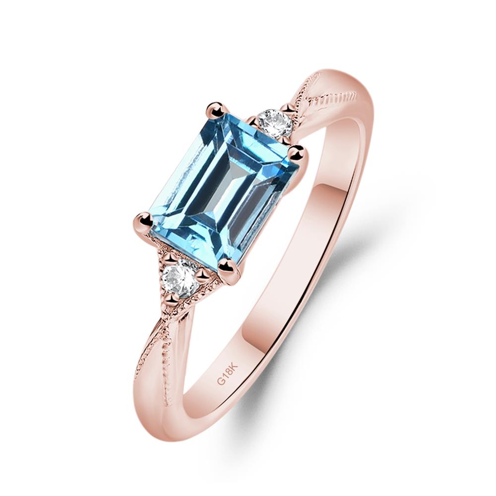 Horizontal Emerald Cut Swiss Blue Topaz Engagement Ring - LUO Jewelry #metal_18k rose gold