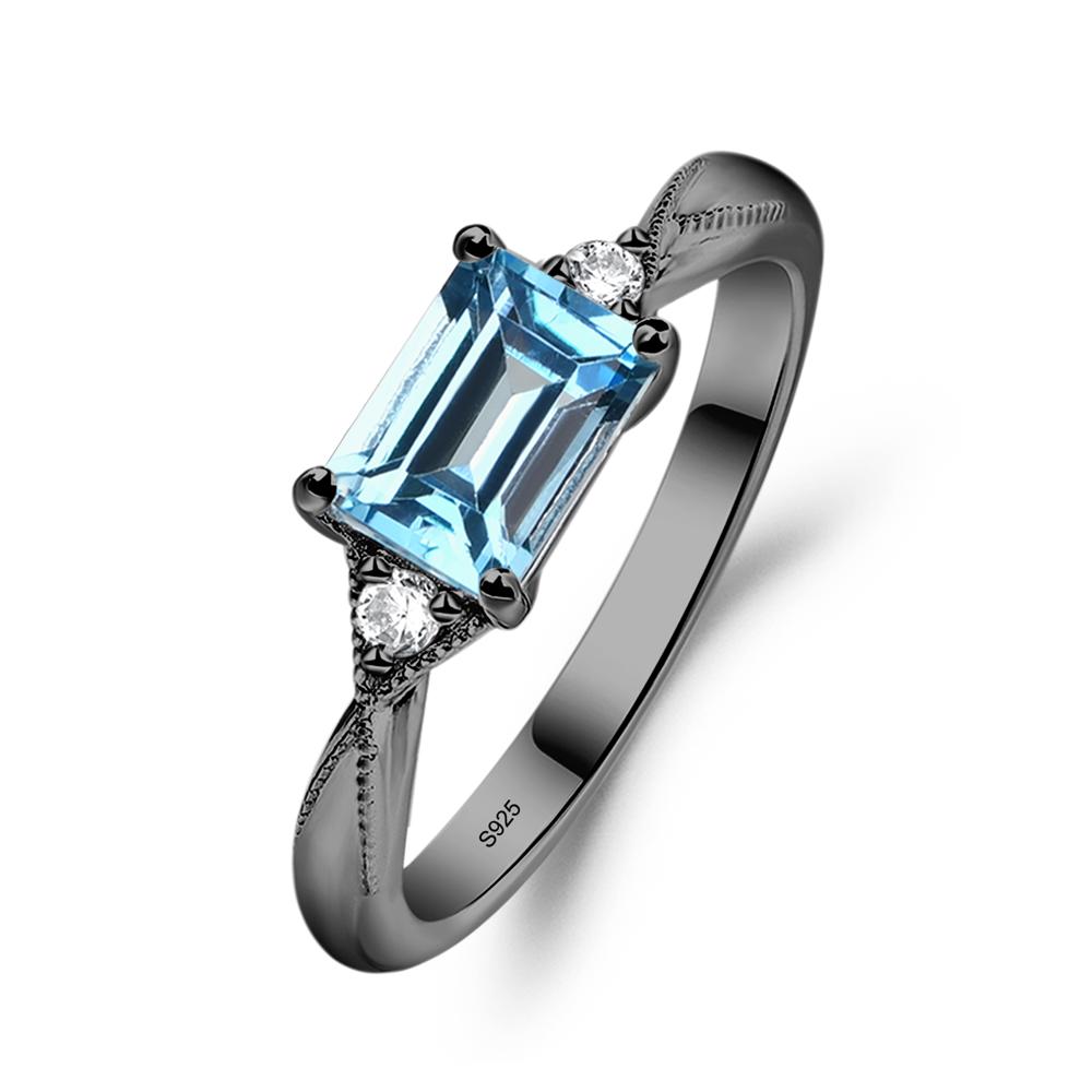 Horizontal Emerald Cut Swiss Blue Topaz Engagement Ring - LUO Jewelry #metal_black finish sterling silver