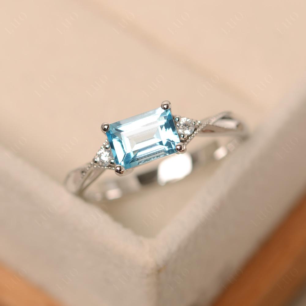Horizontal Emerald Cut Swiss Blue Topaz Engagement Ring - LUO Jewelry