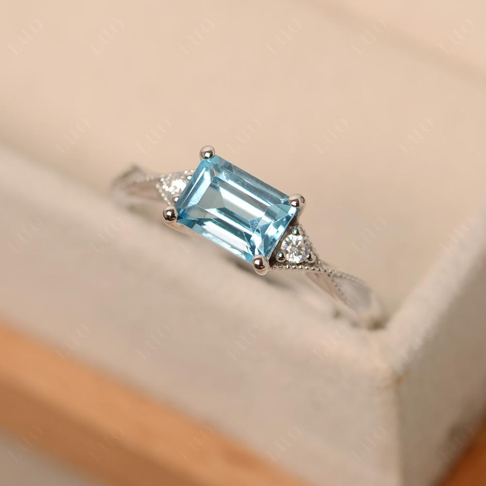 Horizontal Emerald Cut Swiss Blue Topaz Engagement Ring - LUO Jewelry