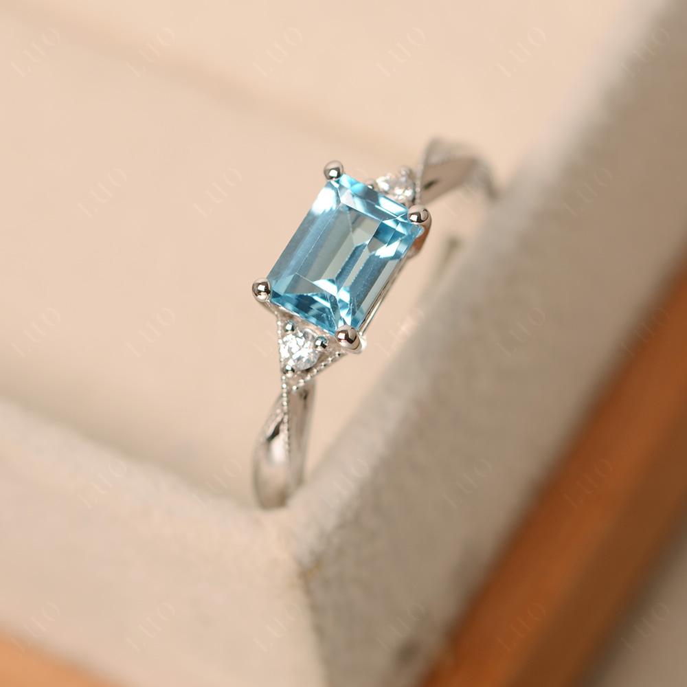 Horizontal Emerald Cut Swiss Blue Topaz Engagement Ring - LUO Jewelry