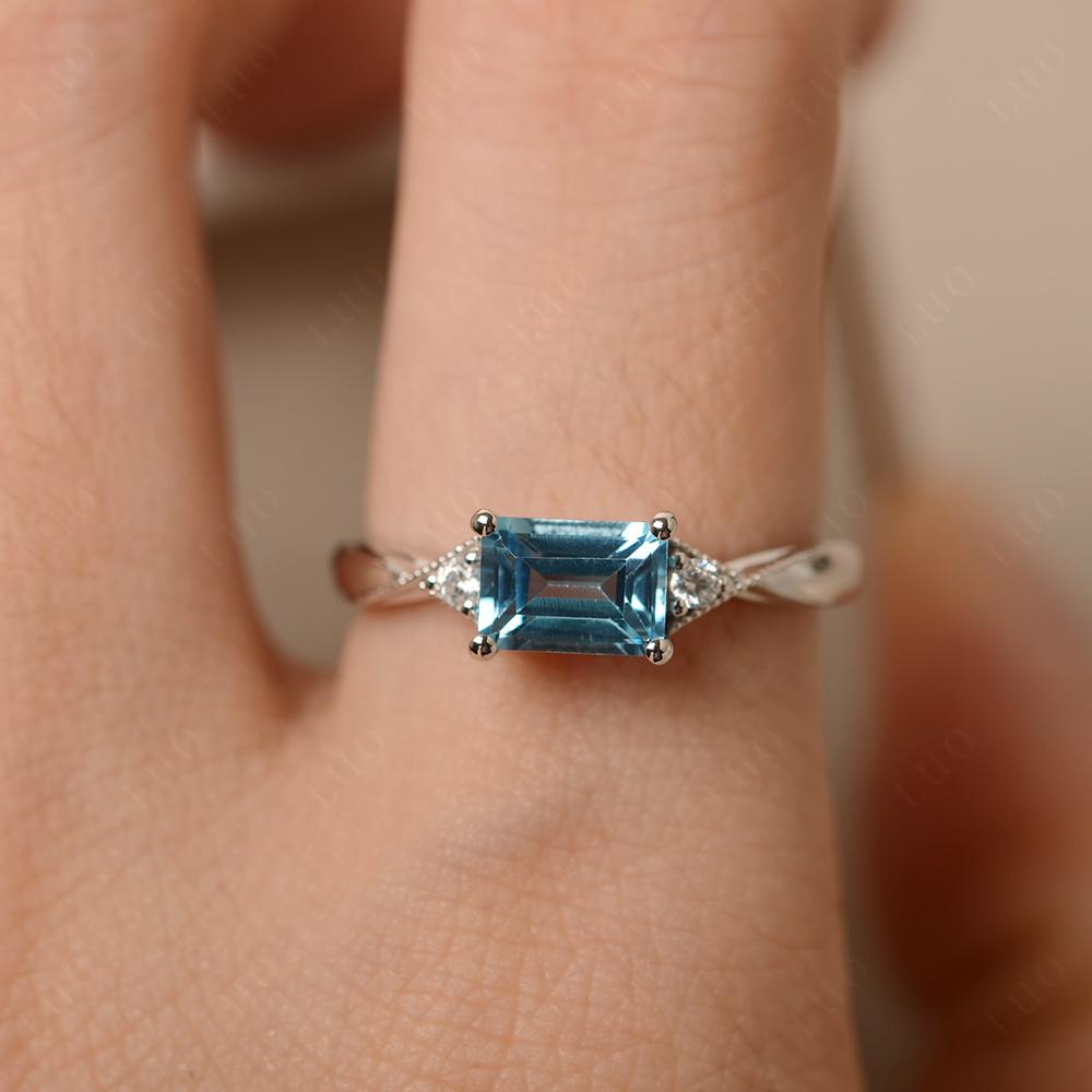 Horizontal Emerald Cut Swiss Blue Topaz Engagement Ring - LUO Jewelry