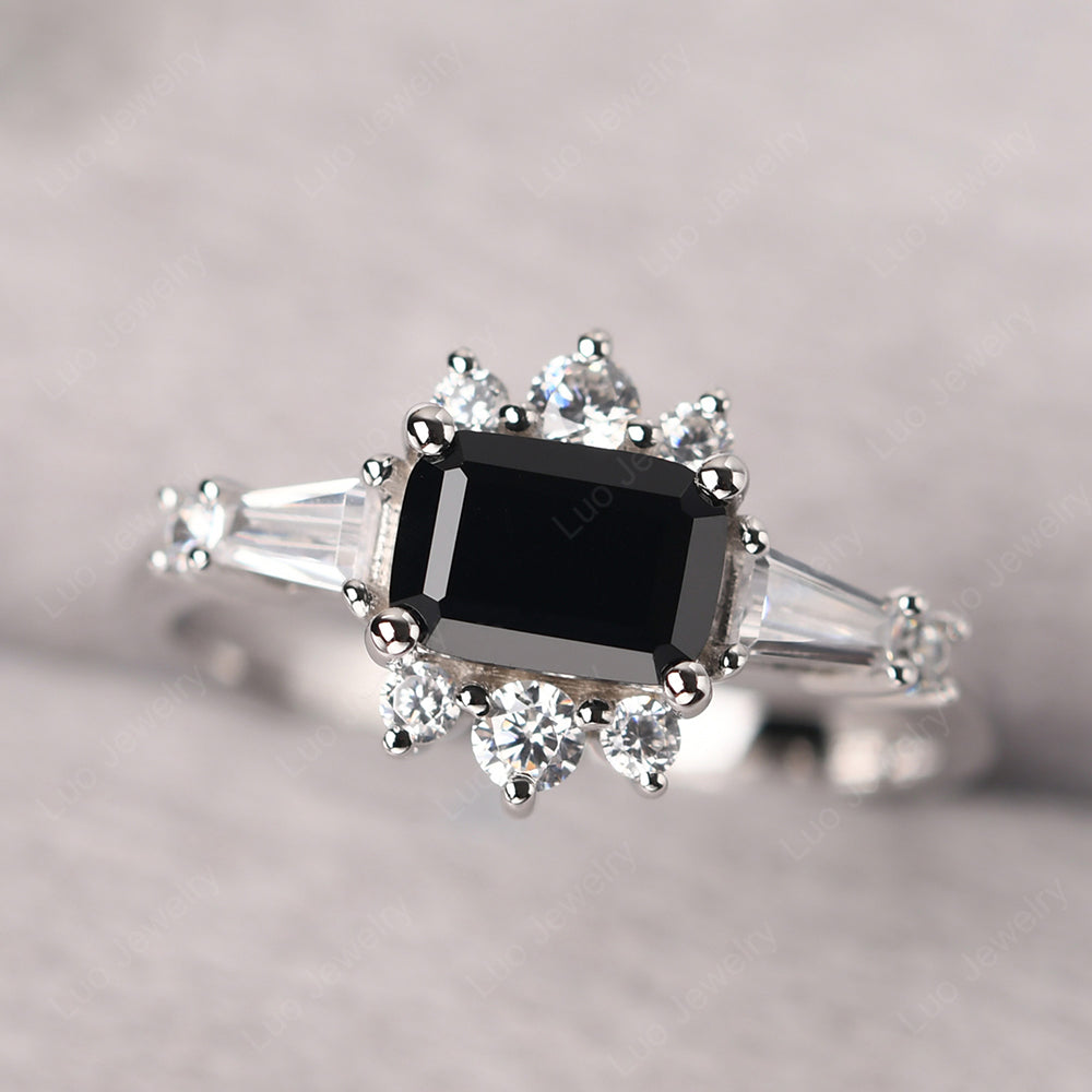 Emerald Cut Black Spinel Horizontal Ring - LUO Jewelry