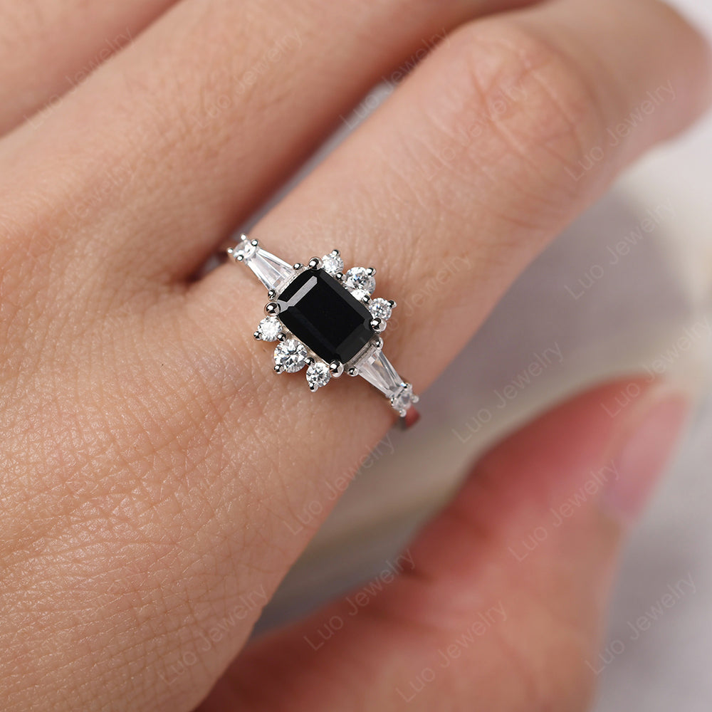 Emerald Cut Black Spinel Horizontal Ring - LUO Jewelry