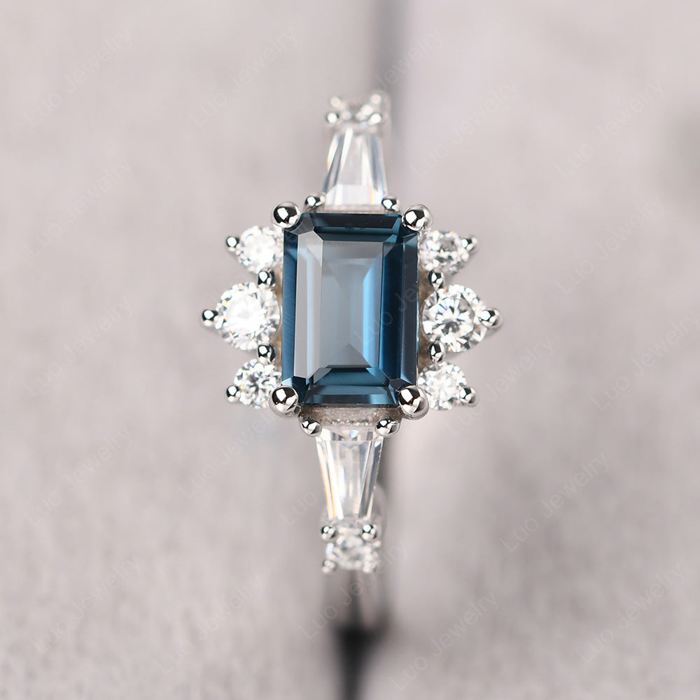 Emerald Cut London Blue Topaz Horizontal Ring - LUO Jewelry