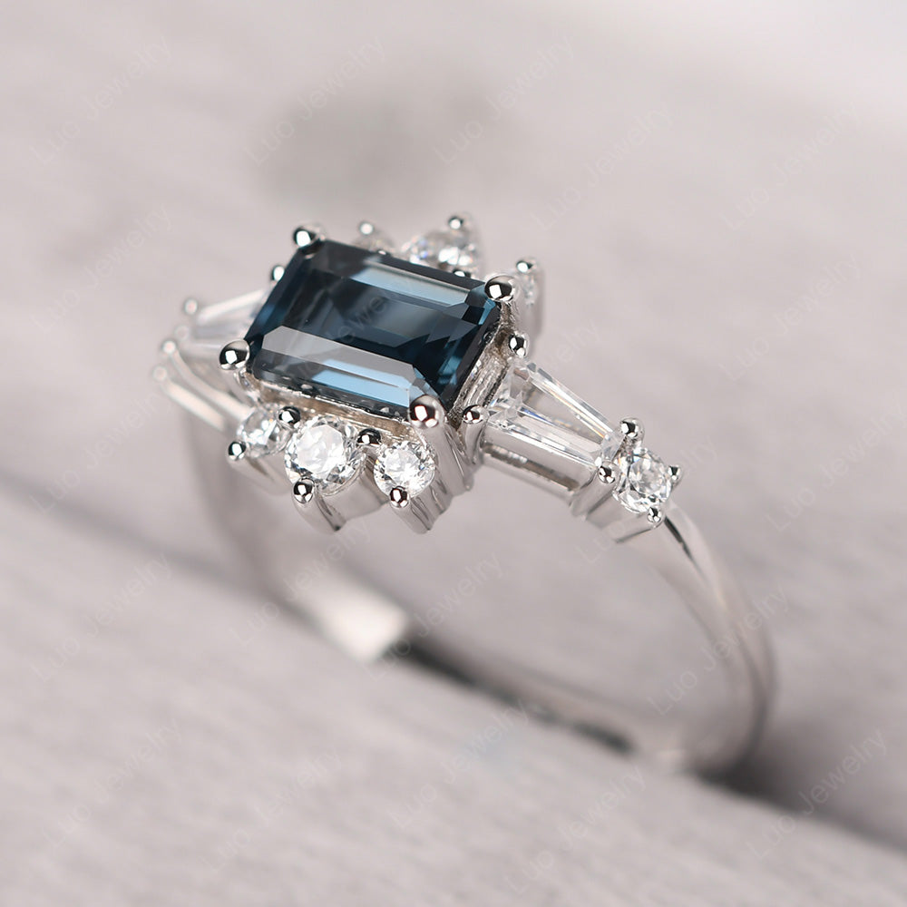 Emerald Cut London Blue Topaz Horizontal Ring - LUO Jewelry