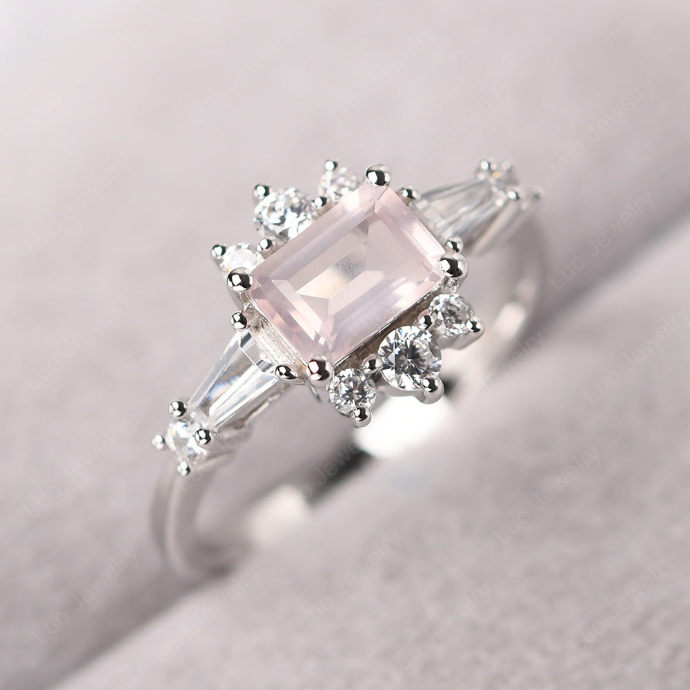 Emerald Cut Rose Quartz Horizontal Ring - LUO Jewelry