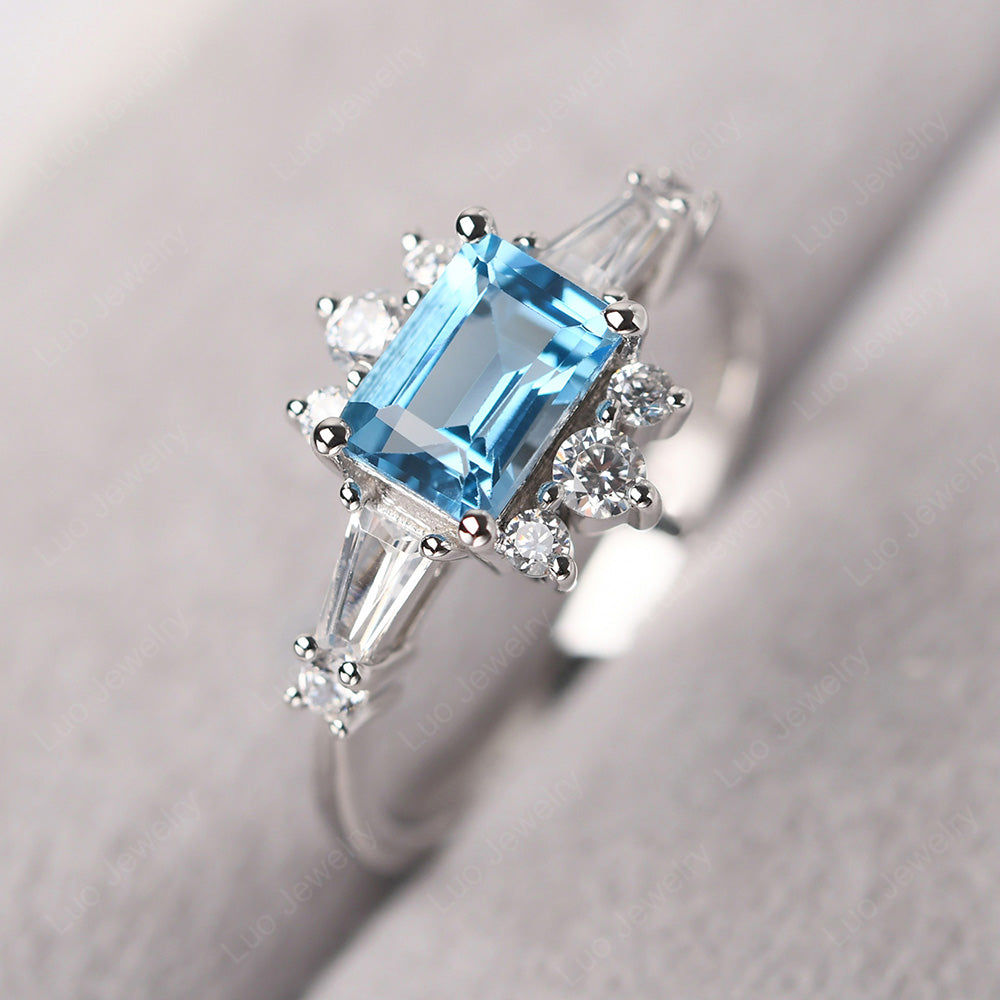 Emerald Cut Swiss Blue Topaz Horizontal Ring - LUO Jewelry