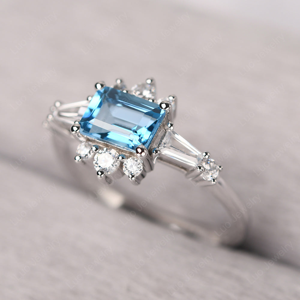 Emerald Cut Swiss Blue Topaz Horizontal Ring - LUO Jewelry