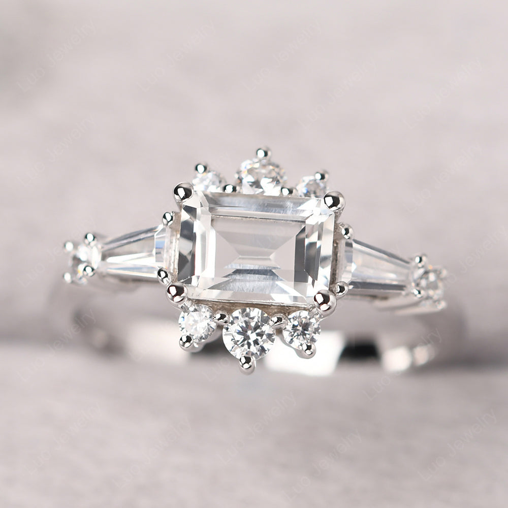 Emerald Cut White Topaz Horizontal Ring - LUO Jewelry