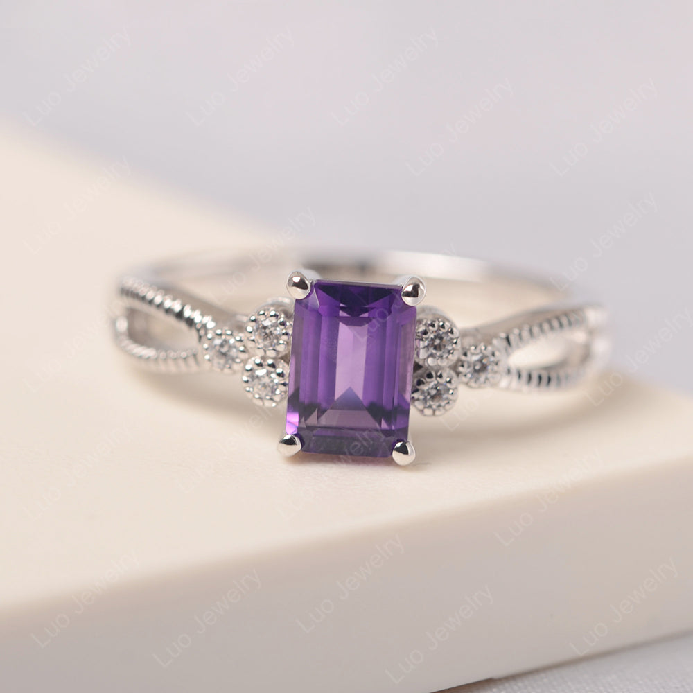 Emerald Cut Amethyst Ring Vintage Engagement Ring - LUO Jewelry