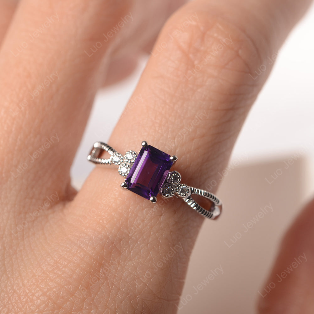 Emerald Cut Amethyst Ring Vintage Engagement Ring - LUO Jewelry