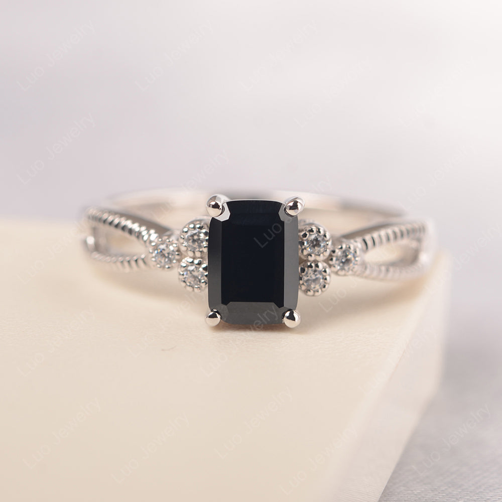 Emerald Cut Black Spinel Ring Vintage Engagement Ring - LUO Jewelry