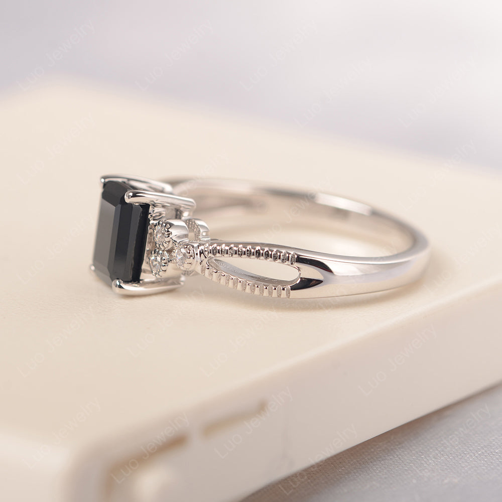 Emerald Cut Black Spinel Ring Vintage Engagement Ring - LUO Jewelry