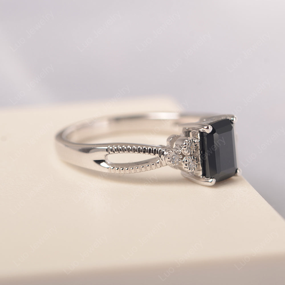 Emerald Cut Black Spinel Ring Vintage Engagement Ring - LUO Jewelry