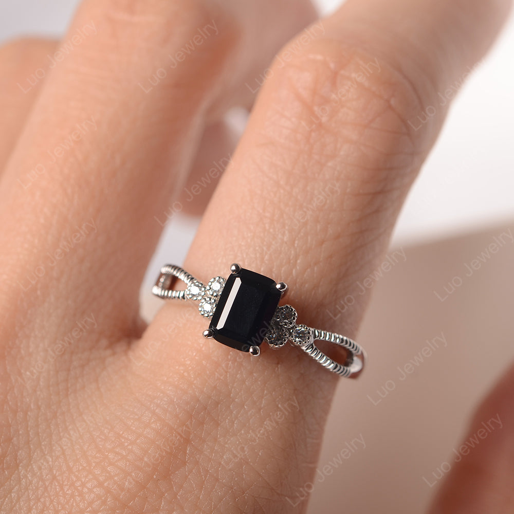 Emerald Cut Black Spinel Ring Vintage Engagement Ring - LUO Jewelry