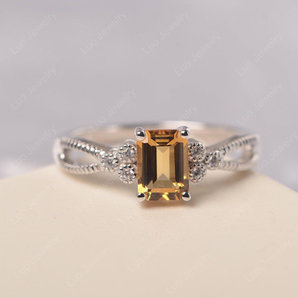 Emerald Cut Citrine Ring Vintage Engagement Ring - LUO Jewelry