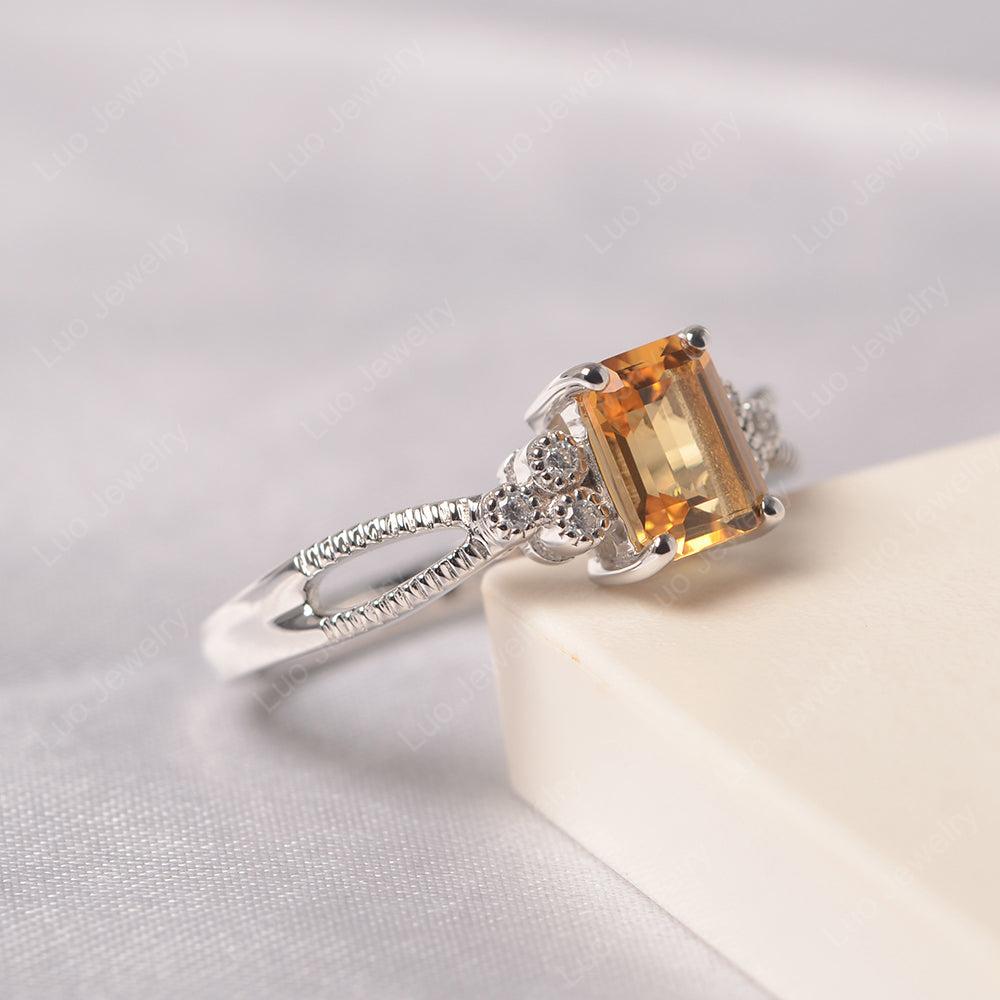 Emerald Cut Citrine Ring Vintage Engagement Ring - LUO Jewelry