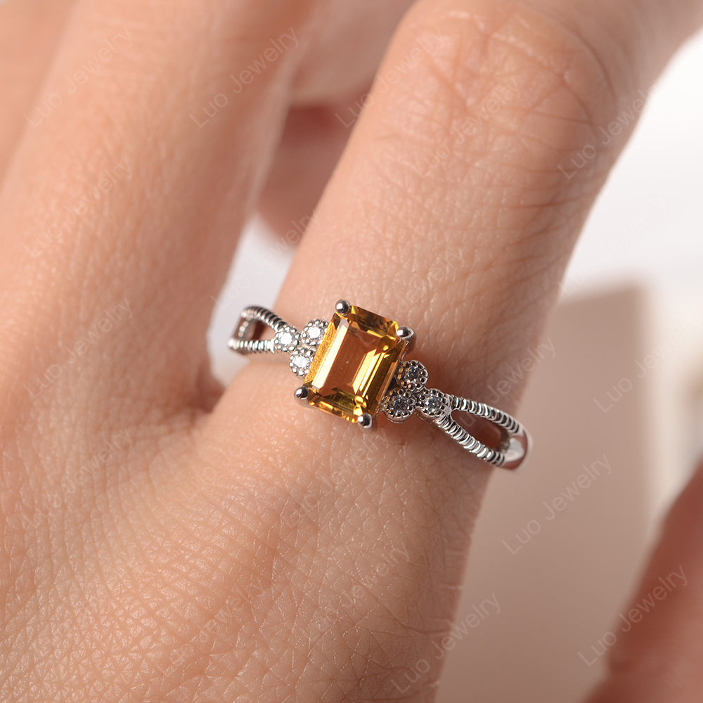 Emerald Cut Citrine Ring Vintage Engagement Ring - LUO Jewelry