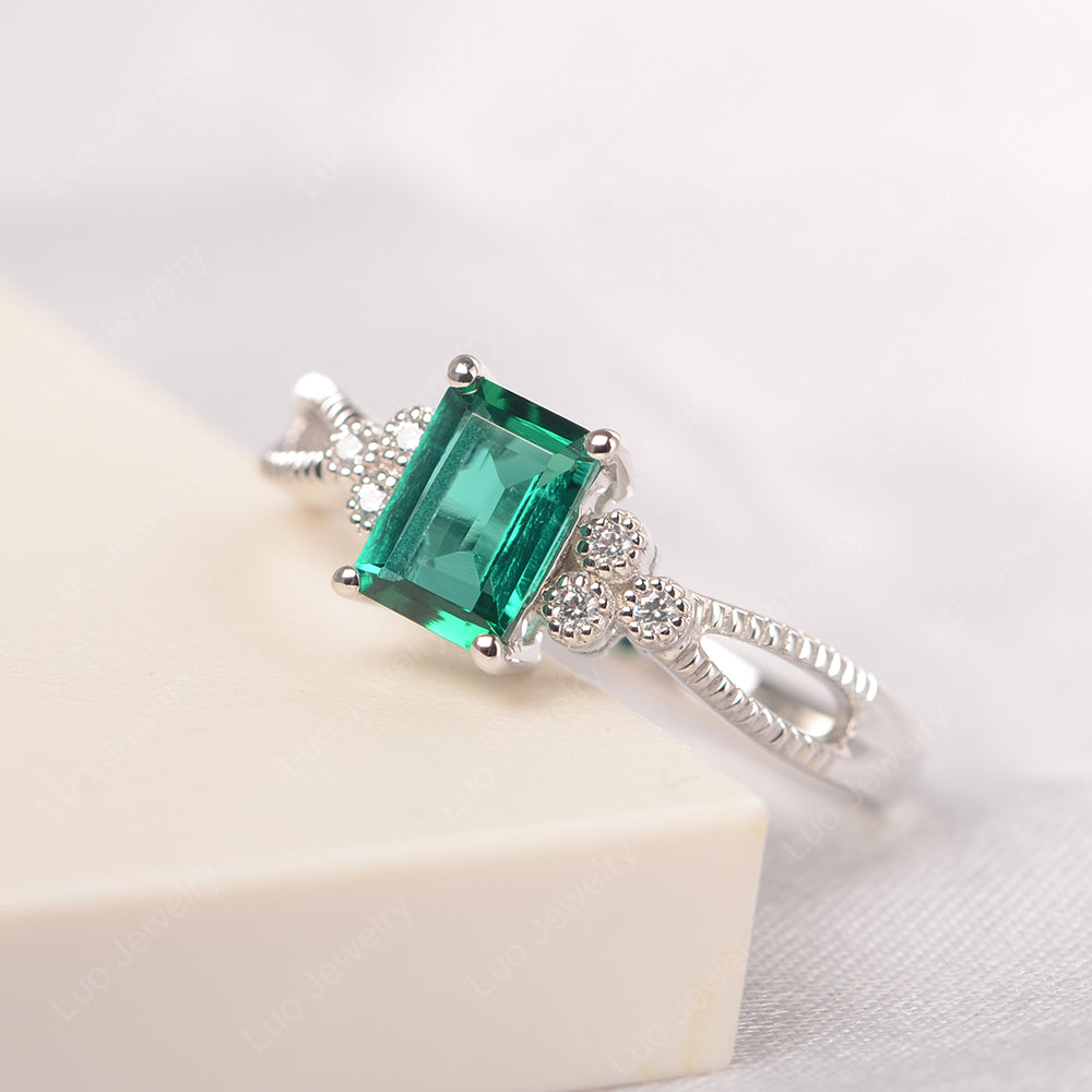 Emerald Cut Lab Emerald Ring Vintage Engagement Ring - LUO Jewelry