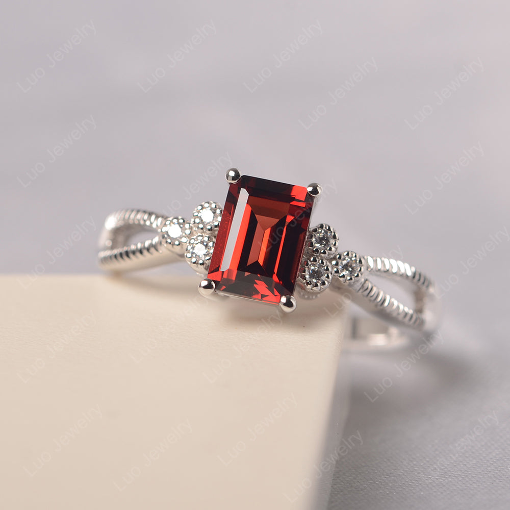 Emerald Cut Garnet Ring Vintage Engagement Ring - LUO Jewelry