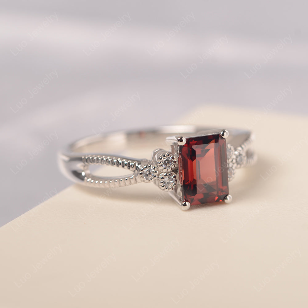 Emerald Cut Garnet Ring Vintage Engagement Ring - LUO Jewelry