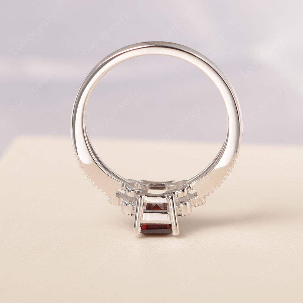 Emerald Cut Garnet Ring Vintage Engagement Ring - LUO Jewelry