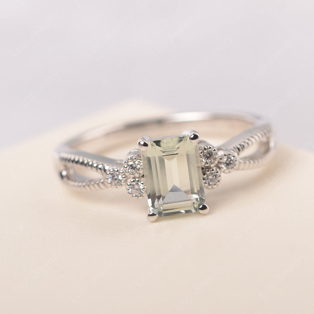 Emerald Cut Green Amethyst Ring Vintage Engagement Ring - LUO Jewelry