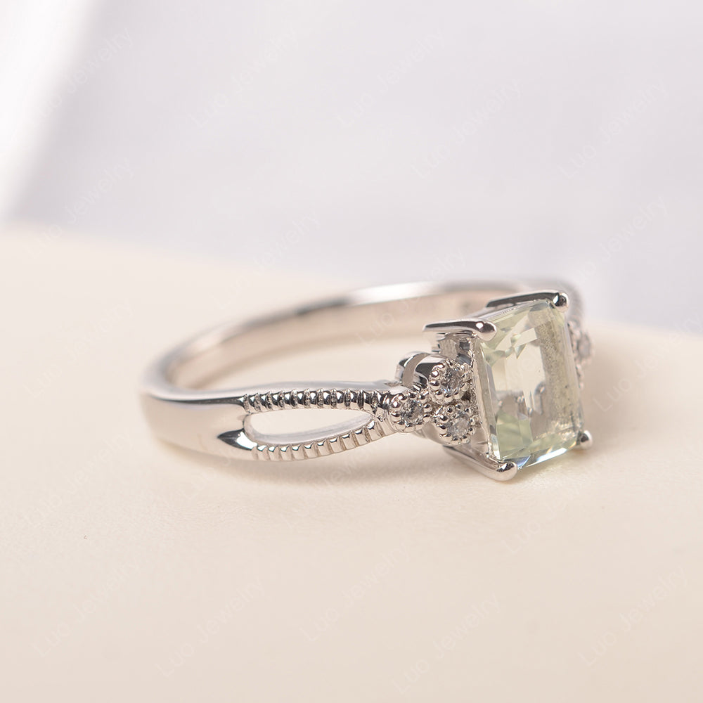 Emerald Cut Green Amethyst Ring Vintage Engagement Ring - LUO Jewelry