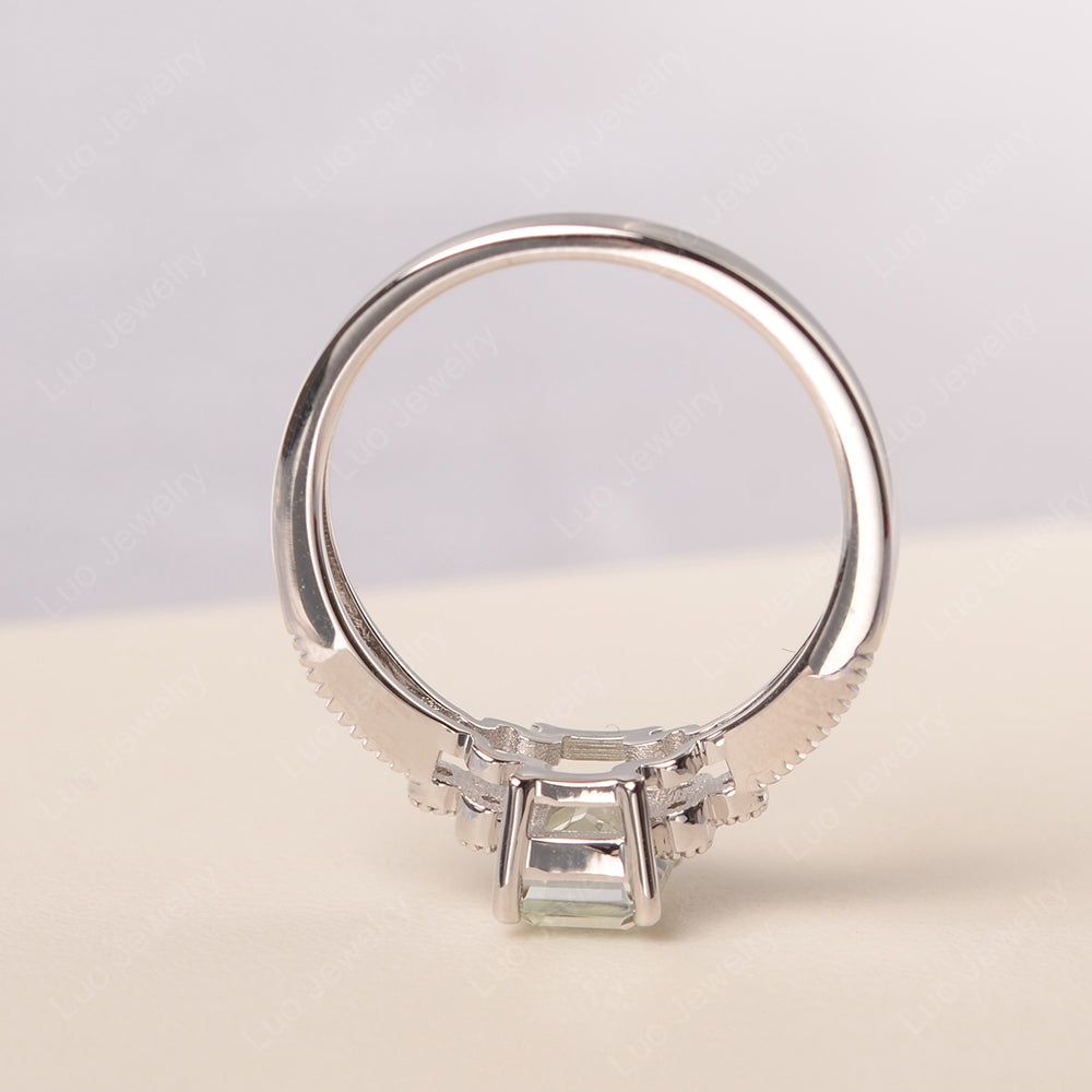 Emerald Cut Green Amethyst Ring Vintage Engagement Ring - LUO Jewelry