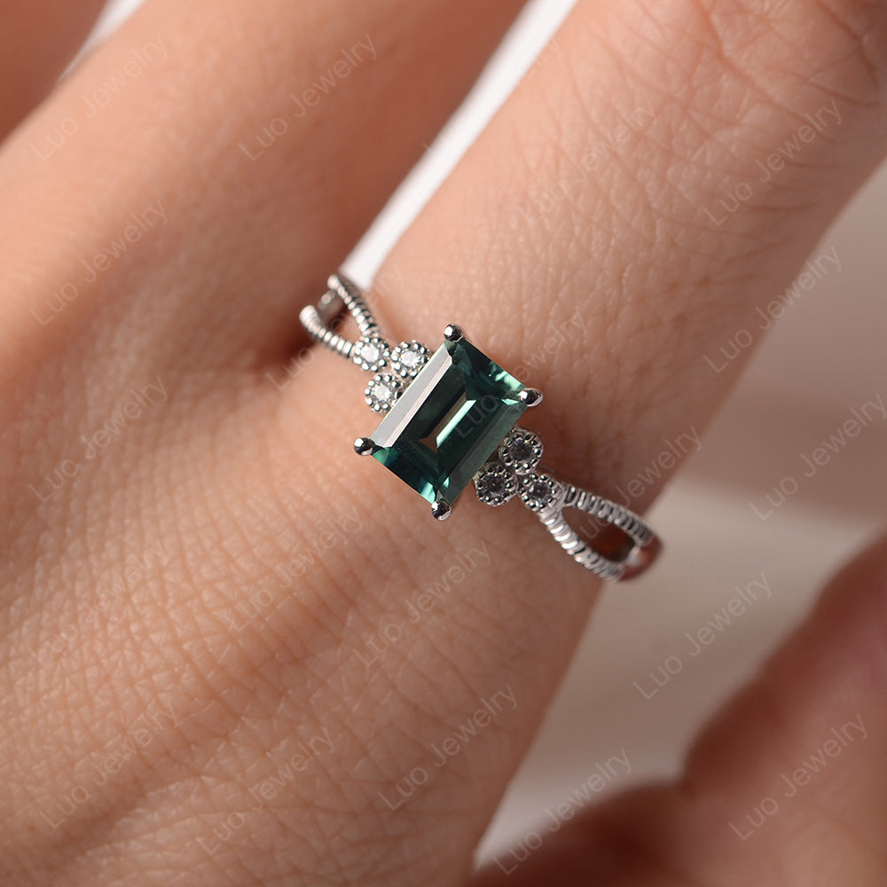 Emerald Cut Green Sapphire Ring Vintage Engagement Ring - LUO Jewelry