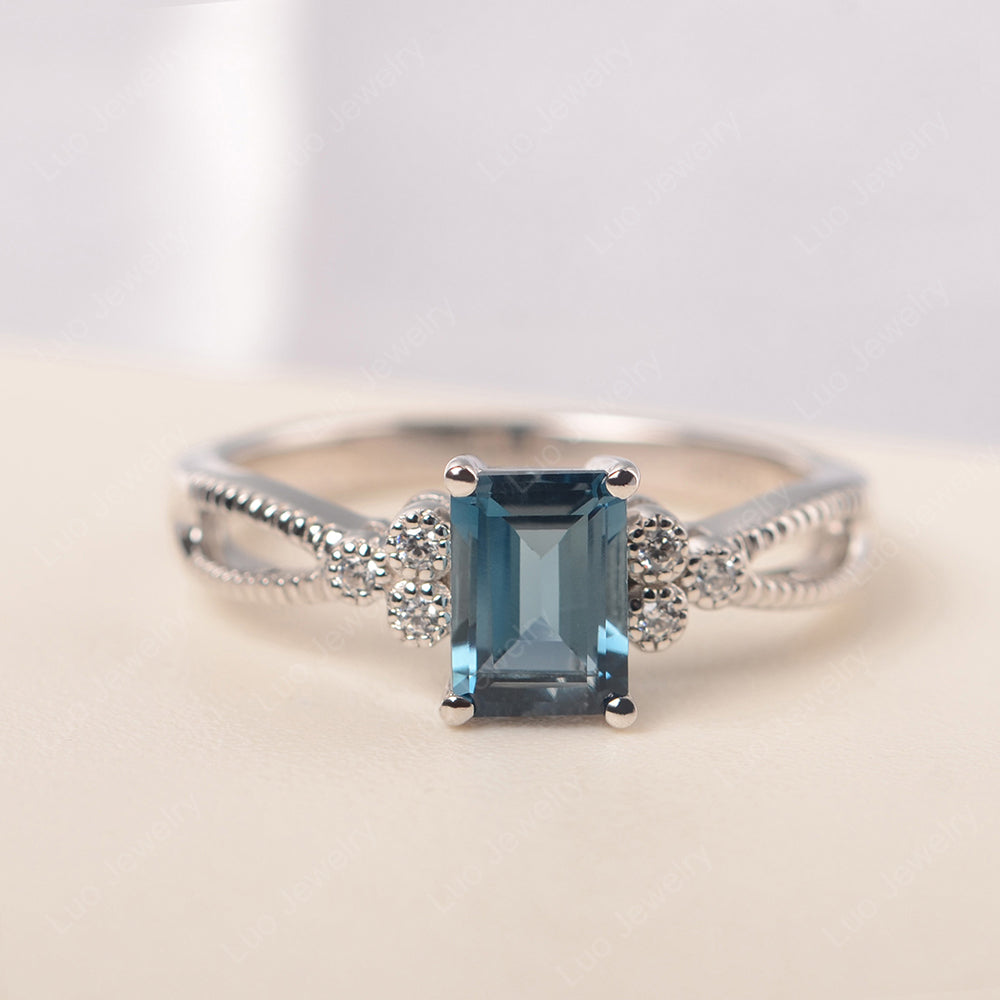 Emerald Cut London Blue Topaz Ring Vintage Engagement Ring - LUO Jewelry