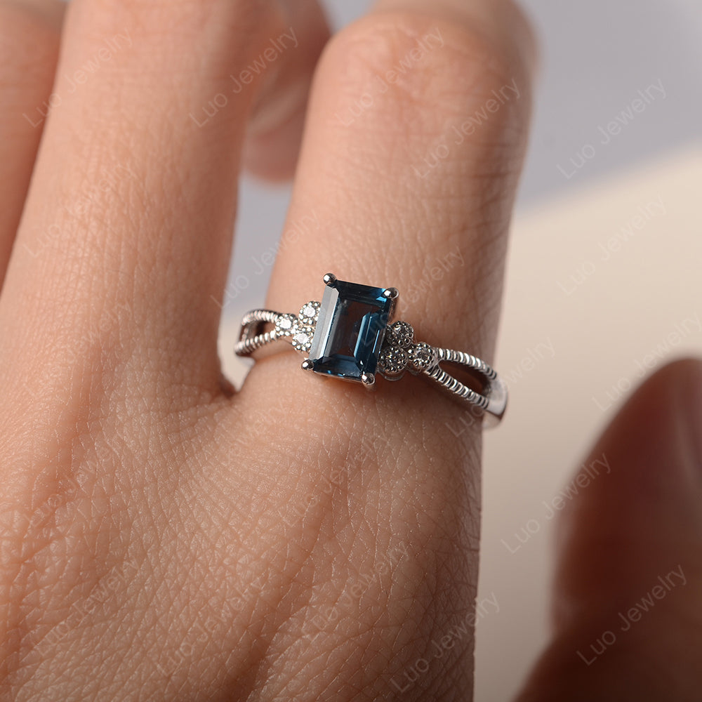 Emerald Cut London Blue Topaz Ring Vintage Engagement Ring - LUO Jewelry