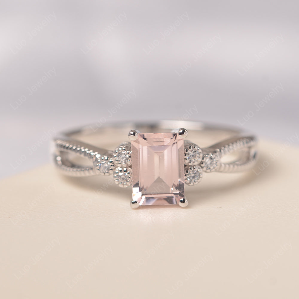 Emerald Cut Morganite Ring Vintage Engagement Ring - LUO Jewelry