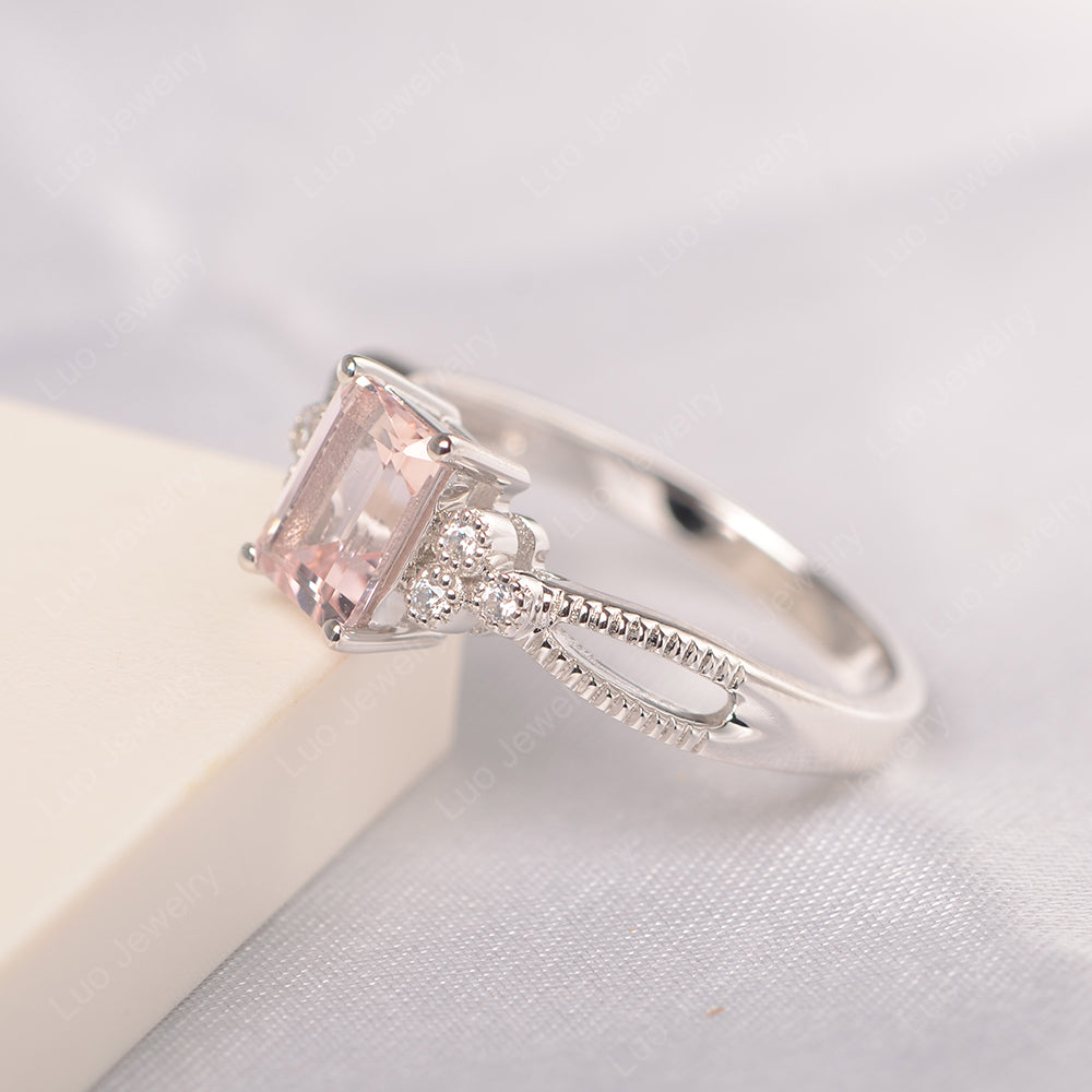 Emerald Cut Morganite Ring Vintage Engagement Ring - LUO Jewelry