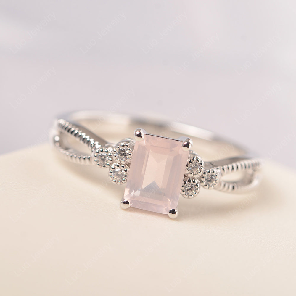 Emerald Cut Rose Quartz Ring Vintage Engagement Ring - LUO Jewelry